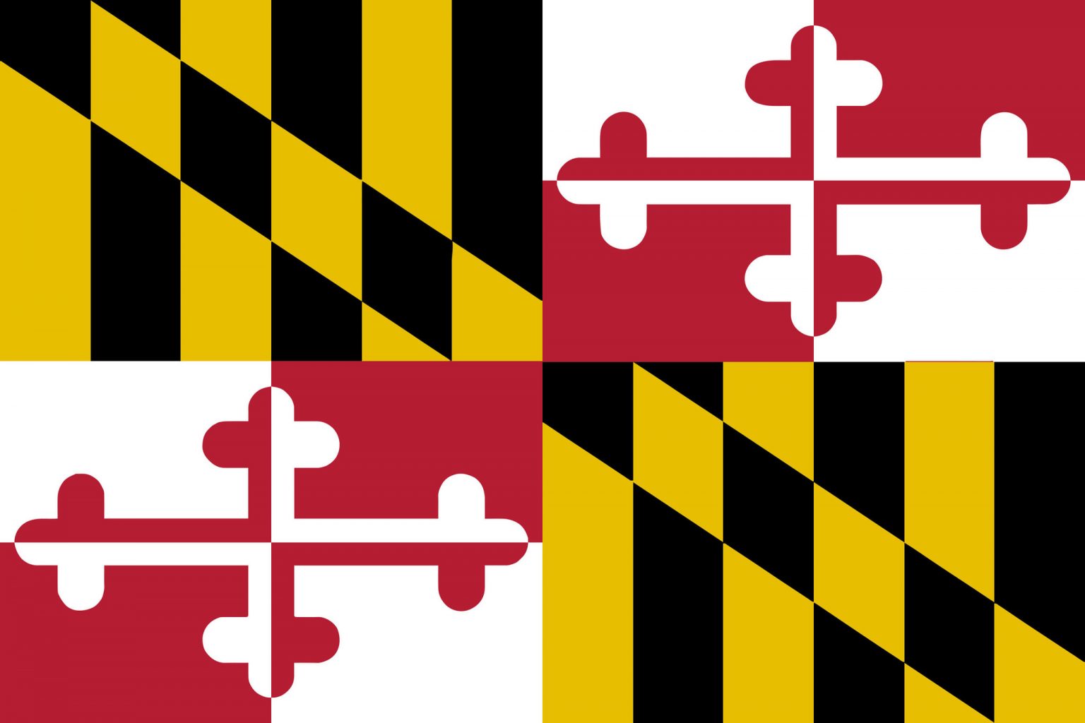Maryland 3D-Darstellung Flagge Auf Der Stange. Fahnenmast Aus Holz
